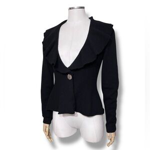 LH SPORT Black Cashmere Ruffle Collar Single Button Cardigan Peplum Hem VINTAGE